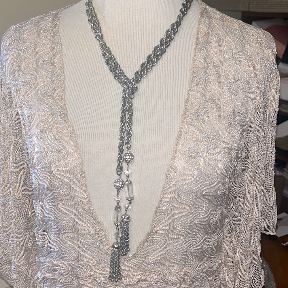 INC brand silver chain necklace with rhinestones, beads and fringe, new